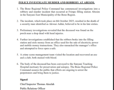 Police investigate robbery and murder at Abesim filling station