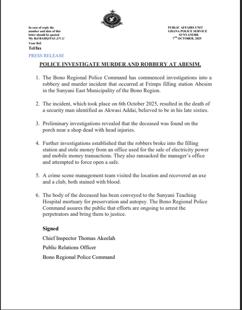 Police investigate robbery and murder at Abesim filling station