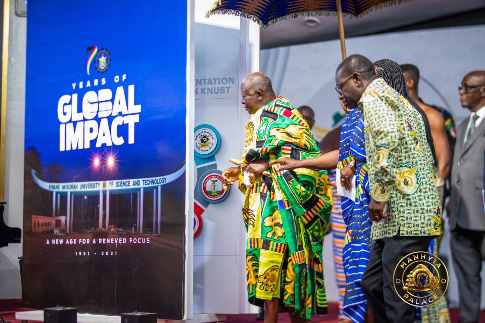 Asantehene Otumfuo Osei Tutu II unveils the commemorative anniversary book, 70 Years of Global Impact, which featured Telecel CEO, Ing. Patricia Obo-Nai.